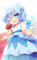 Rule 34 | 1girl, ;d, alternate costume, bare shoulders, blue dress, blue eyes, blue hair, bouquet, braid, cirno, dress, dutch angle, fang, flower, glint, hair ornament, highres, holding, holding bouquet, ice, ice wings, jewelry, looking at viewer, matatabi (nigatsu), one eye closed, open mouth, ring, smile, solo, tears, touhou, veil, wedding dress, wings