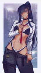 Rule 34 | 1girl, artist name, belt, black choker, black hair, black pants, blue eyes, bra, breasts, busujima saeko, chain, choker, clothes pull, commentary, cowboy shot, dress shirt, ear piercing, earrings, english commentary, hair ornament, hair over one eye, hairclip, highleg, highleg panties, highres, highschool of the dead, holster, iahfy, jewelry, knife, large breasts, long hair, long sleeves, looking at viewer, navel, navel piercing, necktie, open belt, open clothes, open shirt, panties, pants, pants pull, parted lips, patreon username, piercing, ponytail, red necktie, shirt, sidelocks, smile, solo, stomach, thigh holster, toned, twitter username, underwear, undressing, very long hair