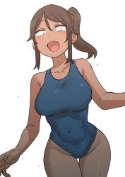 Rule 34 | 1girl, blue one-piece swimsuit, breasts, brown hair, commentary, covered navel, fang, high ponytail, highleg, highleg swimsuit, highres, large breasts, looking at viewer, one-piece swimsuit, school swimsuit, senpai ga uzai kouhai no hanashi, shiromanta, solo, swimsuit, tan, water, wet