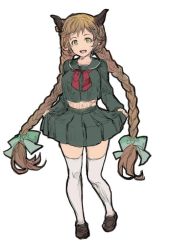 Rule 34 | 1girl, alternate costume, braid, breasts, brown footwear, brown hair, carmelina (granblue fantasy), collarbone, draph, full body, granblue fantasy, green eyes, green neckerchief, green ribbon, green sailor collar, green serafuku, green shirt, green skirt, hair ornament, hair ribbon, horns, large breasts, loafers, long braids, long hair, long sleeves, looking at viewer, medium skirt, midriff, navel, neckerchief, open mouth, pleated skirt, pointy ears, red neckerchief, ribbon, sabanobori, sailor collar, school uniform, serafuku, shirt, shoes, simple background, skirt, skirt hold, smile, solo, standing, tagme, tareme, thighhighs, twin braids, twintails, very long hair, white background, white thighhighs, zettai ryouiki