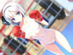 Rule 34 | 1girl, blue eyes, blurry, blush, boxing gloves, boxing ring, breasts, cameltoe, cleft of venus, covered erect nipples, covered navel, derivative work, hairband, ke-ta, konpaku youmu, looking at viewer, one-piece swimsuit, parted lips, school swimsuit, see-through, short hair, small breasts, smile, solo, swimsuit, third-party edit, touhou, wet, white hair, white one-piece swimsuit