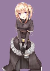 Rule 34 | 1girl, bad id, bad pixiv id, black thighhighs, blonde hair, capelet, corset, frilled skirt, frilled thighhighs, frills, highres, looking at viewer, open mouth, original, purple background, purple eyes, side ponytail, simple background, skirt, solo, thighhighs, uni (muniroku)