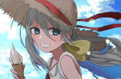 Rule 34 | 10s, 1girl, bad id, bad twitter id, bare shoulders, blue eyes, blush, bow, casual, cloud, cloudy sky, day, food, from side, grey hair, grin, hair between eyes, hair bow, hat, hat ribbon, highres, holding, holding food, ice cream, kantai collection, kiyoshimo (kancolle), koharu (gomi ik), long hair, monochrome, multicolored hair, one eye closed, red ribbon, ribbon, sky, sleeveless, smile, solo, straw hat, teeth, two-tone hair, yellow bow