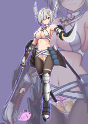 Rule 34 | 1girl, armor, bikini, bikini armor, black pantyhose, blue eyes, breasts, commentary request, dual wielding, full body, gauntlets, gloves, hair ornament, hair over one eye, hairclip, hamakaze (kancolle), head wings, holding, kantai collection, katana, large breasts, looking at viewer, moke ro, one-hour drawing challenge, pantyhose, pantyhose under swimsuit, pubic tattoo, purple background, scabbard, sheath, short hair, silver hair, simple background, solo, swimsuit, sword, tattoo, thighband pantyhose, weapon, white bikini, white gloves, wings, zoom layer