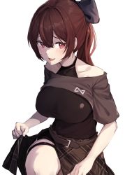 Rule 34 | 1girl, absurdres, bare shoulders, belt, black dress, blue bow, blush, bow, breasts, brown belt, brown hair, brown skirt, clothes lift, dress, hair between eyes, hair bow, hair intakes, highres, jururu, large breasts, long hair, looking at viewer, miniskirt, open mouth, plaid, plaid skirt, pleated skirt, purple eyes, seya 0517, shrug (clothing), side slit, simple background, skirt, skirt lift, sleeveless, sleeveless dress, smile, solo, thigh strap, virtual youtuber, waktaverse, white background