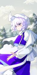 Rule 34 | 1girl, apron, blush, cape, cloud, cloudy sky, commentary request, corrupted twitter file, grey sky, hat, highres, kimura8556spsk, lapel pin, letty whiterock, long sleeves, mob cap, mountain, multicolored hair, outdoors, pine tree, puffy sleeves, purple eyes, purple hair, purple skirt, purple vest, shirt, short hair, skirt, skirt set, sky, smile, snow, solo, touhou, tree, triangular headpiece, turtleneck, two-tone hair, vest, waist apron, wavy hair, white apron, white cape, white hair, white hat, white shirt