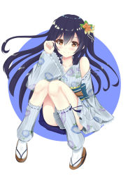 Rule 34 | 1girl, amakawa ruka, bare shoulders, blue hair, blush, closed mouth, commentary request, detached sleeves, floral print, flower, hair between eyes, hair flower, hair ornament, hand in own hair, highres, japanese clothes, kimono, leg warmers, long hair, long sleeves, looking at viewer, love live!, love live! school idol festival, love live! school idol project, sandals, short kimono, short yukata, simple background, sitting, smile, solo, sonoda umi, striped, tabi, wide sleeves, yellow eyes, yukata