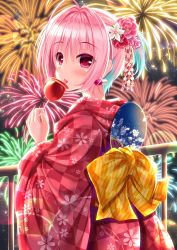 Rule 34 | 1girl, absurdres, aerial fireworks, back bow, blue hair, blush, bow, candy apple, checkered clothes, checkered kimono, commentary request, earrings, fireworks, floral print, food, hair between eyes, hand fan, has bad revision, has downscaled revision, highres, holding, holding food, huge filesize, idolmaster, idolmaster cinderella girls, japanese clothes, jewelry, kimono, long sleeves, looking at viewer, looking to the side, md5 mismatch, multicolored hair, night, night sky, outdoors, paper fan, pill earrings, pink hair, print bow, print kimono, railing, red eyes, red kimono, resolution mismatch, sky, solo, source smaller, star (sky), starry sky, tongue, tongue out, two-tone hair, uchiwa, wide sleeves, yagasuri, yukata, yumemi riamu, yunagi amane