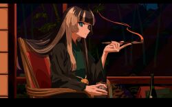Rule 34 | 1girl, absurdres, alternate costume, architecture, bamboo, black hair, black kimono, blue eyes, blunt bangs, commentary, cup, east asian architecture, grey hair, highres, holding, holding cup, holding smoking pipe, hololive, hololive dev is, japanese clothes, juufuutei raden, kimono, long hair, long sleeves, looking at viewer, multicolored hair, nasu (nasu8901), on chair, parted lips, sidelocks, sitting, smile, smoking pipe, solo, two-tone hair, upper body, virtual youtuber