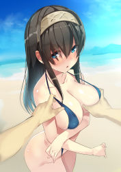 Rule 34 | 1boy, 1girl, beach, bikini, black hair, blue eyes, blush, grabbing another&#039;s breast, breasts, commentary request, day, grabbing, groping, hetero, highres, idolmaster, idolmaster cinderella girls, large breasts, long hair, out of frame, pov, pov hands, sagisawa fumika, solo focus, swimsuit, yamacchi