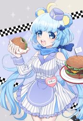 Rule 34 | 1girl, animal ears, bear ears, bear girl, blue dress, blue eyes, blue hair, burger, checkered background, dress, food, grey background, hat, highres, holding, holding tray, long hair, looking at viewer, mel6969, open mouth, short sleeves, show by rock!!, smile, solo, striped clothes, striped dress, teeth, tray, tsukino (show by rock!!), white dress