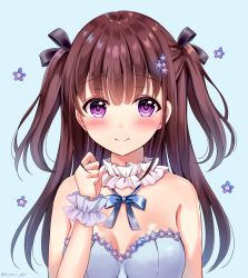Rule 34 | 1girl, bare shoulders, black bow, blue background, blue bow, blue bra, blush, bow, bra, brown hair, closed mouth, commentary request, flower, hair between eyes, hair bow, hair flower, hair ornament, hand up, long hair, original, purple eyes, purple flower, sakura hiyori, simple background, smile, solo, two side up, underwear, upper body, very long hair, wrist cuffs