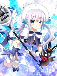 Rule 34 | 1girl, :o, animal, anko (gochiusa), black wings, blue bow, blue eyes, blue hair, blue skirt, blue vest, blush, bow, character hat, commentary request, crown, gloves, gochuumon wa usagi desu ka?, hair between eyes, highres, holding, holding spoon, holding staff, kafuu chino, long hair, looking at viewer, magical girl, md5 mismatch, mini crown, parted lips, puffy short sleeves, puffy sleeves, purple bow, rabbit, red bow, resolution mismatch, ryoutan, shirt, short sleeves, skirt, source larger, spoon, staff, striped, striped bow, tippy (gochiusa), twintails, very long hair, vest, white gloves, white shirt, white wings, wild geese, wings