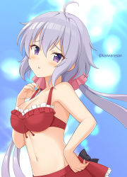 Rule 34 | 1girl, :o, ahoge, bare arms, bare shoulders, bikini, bikini skirt, black bow, blush, bow, breasts, cleavage, collarbone, commentary request, frilled bikini, frills, hair ribbon, hand up, kaiware-san, lifted by self, long hair, looking at viewer, low twintails, medium breasts, parted lips, pink ribbon, purple eyes, purple hair, red bikini, ribbon, senki zesshou symphogear, solo, strap lift, swimsuit, twintails, twitter username, very long hair, yukine chris
