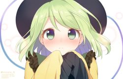 Rule 34 | 1girl, artist name, black hat, blush, commentary request, frilled shirt collar, frilled sleeves, frills, green eyes, green hair, hands up, hat, komeiji koishi, long sleeves, looking at viewer, nnyara, nose blush, portrait, shirt, short hair, simple background, solo, touhou, twitter username, white background, wide sleeves, yellow shirt