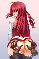 Rule 34 | 1girl, ass, ass grab, bare shoulders, black thighhighs, blush, cameltoe, deep skin, detached sleeves, disembodied hand, elesis (elsword), elsword, from behind, half updo, long hair, looking back, open mouth, panties, pinyshi, red hair, skirt, solo, striped clothes, striped panties, sweatdrop, thighhighs, underwear, upskirt, yellow eyes