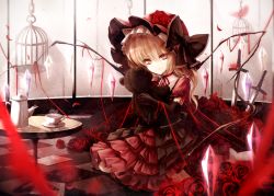 Rule 34 | 1girl, alternate costume, birdcage, black dress, black gloves, blonde hair, blurry, cage, chain, checkered floor, choker, cup, depth of field, dress, elbow gloves, entangled, fami (yellow skies), flandre scarlet, gloves, gothic lolita, hat, hat ribbon, layered dress, lolita fashion, looking at viewer, pink eyes, planted, planted sword, planted weapon, puffy short sleeves, puffy sleeves, red dress, ribbon, ribbon choker, short sleeves, side ponytail, sitting, solo, stuffed animal, stuffed toy, sword, table, tea set, teacup, tears, teddy bear, tile floor, tiles, touhou, weapon, wings