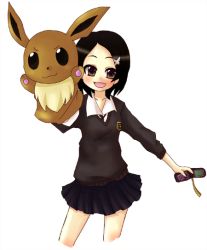 Rule 34 | 1girl, :3, arm up, arms up, bad id, bad pixiv id, black hair, blush, brown eyes, cellphone, cellphone strap, creatures (company), dress shirt, eevee, game freak, gen 1 pokemon, hair ornament, hairpin, hand puppet, holding, necktie, ngayope, nintendo, parted bangs, phone, pleated skirt, pokemon, pokemon (creature), puppet, school uniform, shirt, short hair, skirt, sleeves pushed up, smile, solo, sweater, uniform