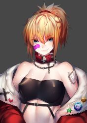 Rule 34 | 1girl, bandaid, bandaid on face, bandeau, bare shoulders, belt, blonde hair, blue eyes, breasts, chain necklace, collar, covered erect nipples, cross, eyes visible through hair, fate/grand order, fate (series), grey background, grin, hair between eyes, hair ornament, hair scrunchie, highres, jacket, jewelry, looking at viewer, medium hair, mordred (fate), mordred (fate/apocrypha), necklace, off shoulder, open clothes, open jacket, orange hair, ponytail, rahato, red scrunchie, scrunchie, simple background, skin tight, small breasts, smile, smirk, solo, sticker, upper body, v-shaped eyebrows