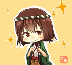 Rule 34 | &gt;:), 10s, 1girl, artist name, bodysuit, brown eyes, brown hair, brown skirt, highres, hyuuga (kancolle), japanese clothes, kantai collection, nontraditional miko, short hair, simple background, skin tight, skirt, smile, solo, sparkle, taisa (kari), v-shaped eyebrows, yellow background