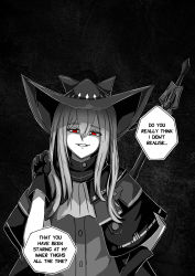 Rule 34 | absurdres, arknights, ascot, bad id, bad pixiv id, commentary, english commentary, english text, gloves, hat, highres, ichi10art, long hair, monochrome, monochrome background, open mouth, red eyes, skadi (arknights), solo, white hair