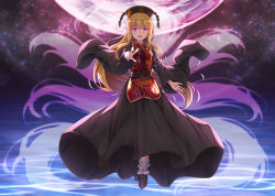 Rule 34 | 1girl, black dress, blonde hair, bobby socks, chinese clothes, crescent, dress, energy, fingernails, floating, fox tail, full body, hair between eyes, hat, highres, junko (touhou), long hair, long sleeves, looking at viewer, moon, multiple tails, night, night sky, open hand, open mouth, pointing, pointing at viewer, red eyes, sash, shoes, sky, smile, socks, solo, star (sky), starry sky, tabard, tail, tassel, touhou, very long hair, wide sleeves, yuuri nayuta