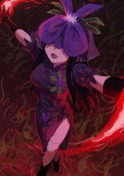 Rule 34 | 1girl, black footwear, black gloves, black hair, boots, breasts, commentary, dress, english commentary, flower, flower on head, food print, fruit print, gloves, grape print, highres, himuhino, knee boots, long hair, medium breasts, open mouth, outstretched arms, purple dress, purple flower, short sleeves, smile, solo, touhou, vine print, yomotsu hisami