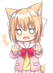 Rule 34 | 1girl, ^^^, animal ear fluff, animal ears, bow, chibi, commentary request, hair between eyes, hair bow, highres, jacket, light brown hair, long sleeves, looking at viewer, nakkar, o o, open clothes, open jacket, open mouth, original, pink jacket, pleated skirt, red bow, sailor collar, school uniform, serafuku, shirt, sidelocks, simple background, skirt, solo, tail, white background, white bow, white sailor collar, white skirt, yellow shirt