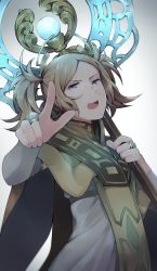 Rule 34 | 1girl, bad id, bad twitter id, bare shoulders, blonde hair, blue eyes, blush, cosplay, dress, fire emblem, fire emblem awakening, fire emblem warriors, gloves, hair ornament, highres, lissa (fire emblem), long hair, looking at viewer, nintendo, open mouth, short hair, short twintails, simple background, solo, twintails