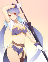 Rule 34 | 00s, 1girl, blue hair, gloves, judith (tales), long hair, midriff, pointy ears, polearm, red eyes, smile, solo, spear, syacyo, tales of (series), tales of vesperia, thighhighs, weapon