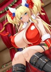 Rule 34 | 1girl, absurdres, action taimanin, alternate costume, artist request, blonde hair, breasts, christmas, highleg, highleg leotard, highres, huge breasts, leotard, long hair, looking at viewer, official alternate costume, onizaki kirara, red leotard, sitting, smile, solo, taimanin (series), taimanin rpgx, twintails, very long hair
