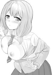 Rule 34 | 1girl, bang dream!, between breasts, blush, breasts, greyscale, highres, large breasts, long hair, long sleeves, looking at viewer, low twintails, monochrome, naitou kirara, necktie, nipples, pleated skirt, shirt, simple background, skirt, solo, twintails, uehara himari, white background