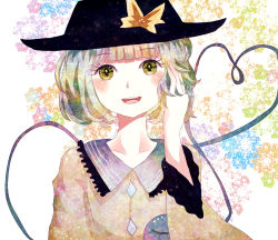 Rule 34 | 1girl, alternate hair length, alternate hairstyle, bad id, bad pixiv id, blush, bow, collar, collarbone, colorful, gradient hair, green eyes, green hair, hand in own hair, hat, hat bow, komeiji koishi, long sleeves, looking at viewer, matching hair/eyes, mikumyon (salvia rouge), multicolored hair, neck, patterned background, redmoondrop39, short hair, smile, solo, surreal, teeth, third eye, tongue, touhou, upper body, white background, yellow bow