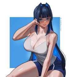 Rule 34 | 1girl, bare arms, bare shoulders, black hair, blue background, blue eyes, blue hair, blue shorts, blush, breasts, cleavage, colored inner hair, commentary, english commentary, hair intakes, halter shirt, halterneck, hand in own hair, highres, hololive, hololive english, large breasts, long hair, multicolored hair, official alternate costume, ouro kronii, ouro kronii (casual), parted lips, see-through, see-through cleavage, seventeencrows, shirt, shorts, sitting, sleeveless, sleeveless shirt, solo, teeth, twitter username, two-tone background, two-tone hair, very long hair, virtual youtuber, white background, white footwear, white shirt