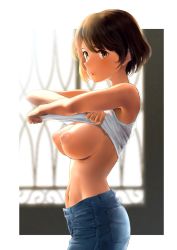 Rule 34 | 1girl, backlighting, bare shoulders, blush, breasts, collarbone, highres, large breasts, looking at viewer, navel, nipples, open mouth, original, short hair, solo, wa (genryusui)