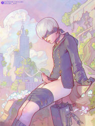 Rule 34 | 1boy, 1girl, 2b (nier:automata), 9s (nier:automata), anal, anal object insertion, black blindfold, black choker, black coat, black dress, black gloves, black shorts, black socks, blindfold, building, choker, cloud, coat, commentary, covered eyes, cum, dress, ejaculating while penetrated, ejaculation, english commentary, erection, gloves, handsfree ejaculation, hetero, long sleeves, male focus, male penetrated, nier:automata, nier (series), object insertion, open mouth, outdoors, penis, pod (nier:automata), projectile cum, sabu (sabudenego), short hair, shorts, sitting, socks, solo focus, standing, tree, uncensored, unworn shorts, white hair