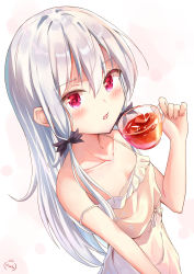 Rule 34 | absurdres, artist name, bare arms, bare shoulders, blush, bow, breasts, cleavage, collarbone, cup, dress, frilled dress, frills, hair between eyes, hair bow, hand up, hiaoba, highres, holding, holding cup, ice, ice cube, long hair, looking at viewer, open mouth, red eyes, silver hair, simple background, sleeveless, sleeveless dress, small breasts, sophie twilight, straight hair, strap slip, tonari no kyuuketsuki-san, upper body, vampire, white background, white dress