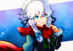 Rule 34 | 1girl, :d, bad id, bad twitter id, blush, bow, braid, dress, highres, izayoi sakuya, long sleeves, looking at viewer, maid headdress, open mouth, qqqrinkappp, red scarf, ribbon, scarf, short hair, silver hair, smile, solo, touhou, twin braids, upper body