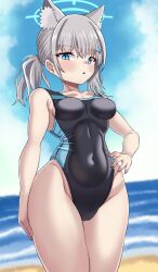 Rule 34 | 1girl, absurdres, animal ear fluff, animal ears, beach, black one-piece swimsuit, blue archive, blue eyes, blue sky, breasts, cloud, competition swimsuit, covered navel, cowboy shot, cross hair ornament, day, doku yanagi, extra ears, grey hair, hair ornament, halo, hand on own hip, highres, horizon, low ponytail, medium hair, mismatched pupils, multicolored clothes, multicolored swimsuit, ocean, official alternate costume, one-piece swimsuit, outdoors, shiroko (blue archive), shiroko (swimsuit) (blue archive), sky, small breasts, solo, swimsuit, wolf ears