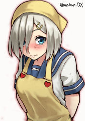 Rule 34 | 1girl, apron, arms behind back, bandana, blue eyes, blue sailor collar, commentary request, hair ornament, hair over one eye, hairclip, hamakaze (kancolle), kantai collection, looking at viewer, maakun (makun dx), one-hour drawing challenge, sailor collar, school uniform, serafuku, short hair, silver hair, simple background, solo, twitter username, white background, yellow apron, yellow bandana