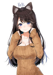 Rule 34 | 1girl, alternate costume, animal ears, azur lane, bad id, bad pixiv id, black hair, blue eyes, blush, breasts, casual, cat ears, cleavage, closed mouth, collarbone, frown, fusou (azur lane), hands up, highres, large breasts, long hair, long sleeves, looking at viewer, ribbed sweater, signature, simple background, sleeves past wrists, solo, standing, sweater, swept bangs, very long hair, white background, xretakex