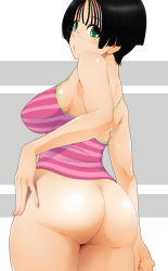 Rule 34 | 1girl, arm at side, ass, bare shoulders, black hair, bottomless, breasts, commentary request, cowboy shot, from behind, glasses, green eyes, hand on own hip, highres, large breasts, looking at viewer, looking back, original, parted lips, purple shirt, rimless eyewear, shirt, short hair, simple background, solo, spaghetti strap, standing, striped clothes, striped shirt, tomatto (@ma!)