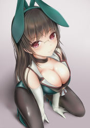 Rule 34 | 10s, 1girl, adapted costume, animal ears, breasts, brown hair, choker, choukai (kancolle), cleavage, elbow gloves, fake animal ears, glasses, gloves, gradient background, heart, heart-shaped pupils, high heels, kantai collection, kneeling, large breasts, leotard, long hair, nannacy7, pantyhose, playboy bunny, rabbit ears, rabbit tail, red eyes, smile, solo, symbol-shaped pupils, tail
