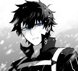 Rule 34 | 1boy, black hair, black shirt, blue eyes, chaldea uniform, closed mouth, collarbone, collared shirt, fate/grand order, fate (series), frown, fujimaru ritsuka (male), hair between eyes, limited palette, looking to the side, male focus, medium bangs, monochrome background, sad, shirt, snow, solo, wasa (wanosabi)