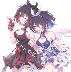 Rule 34 | 2girls, armband, bare shoulders, black dress, black hair, black headwear, blue hair, bow, bracelet, breasts, chili pepper, cleavage, cup, detached collar, dress, drink, drinking glass, drinking straw, earrings, closed eyes, flower, frilled dress, frills, hair between eyes, hair ornament, hexagram, highres, holding, holding cup, honkai (series), honkai impact 3rd, jewelry, medium hair, multicolored hair, multiple girls, nail polish, nasubi (1ra1ri1ko2cho1mi2na), official alternate costume, one eye closed, open mouth, red bow, red eyes, red hair, red nails, see-through, see-through dress, seele (alter ego), seele vollerei, seele vollerei (stygian nymph), simple background, star of david, strapless, strapless dress, thigh strap, thighs, two-tone hair, walking, white background, white bow, white dress, white headwear