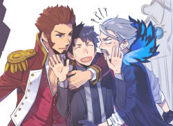 Rule 34 | 3boys, angry, arm around neck, beard, bigur, black hair, blue eyes, brown hair, epaulettes, facial hair, fate/grand order, fate (series), fujimaru ritsuka (male), fujimaru ritsuka (male) (royal brand), huge weapon, jacket, james moriarty (archer) (fate), long sideburns, long sleeves, male focus, military, military uniform, multiple boys, mustache, napoleon bonaparte (fate), open clothes, open jacket, pants, pectoral cleavage, pectorals, sideburns, silver hair, simple background, smile, uniform, upper body, weapon, white background