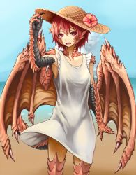 Rule 34 | 1girl, beach, blue sky, day, dragon girl, dragon wings, dress, fang, flower, hat, hat flower, hibiscus, hitokuirou, looking at viewer, original, outdoors, red eyes, red hair, sky, solo, solo vivace (hitokuirou), standing, straw hat, white dress, wings