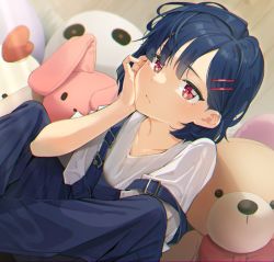 Rule 34 | 1girl, agnamore, bad id, bad pixiv id, black hair, closed mouth, collarbone, dutch angle, hair ornament, hairclip, hand up, highres, indoors, looking at viewer, original, overalls, red eyes, shirt, short sleeves, solo, stuffed animal, stuffed rabbit, stuffed toy, teddy bear, white shirt