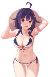 Rule 34 | 10s, 1girl, ahoge, armpits, arms up, bikini, blush, breasts, cai geng, cleavage, collarbone, commentary request, cowboy shot, front-tie top, gluteal fold, hair flaps, hat, highres, kantai collection, medium breasts, navel, open mouth, purple hair, red eyes, simple background, solo, standing, stomach, swimsuit, taigei (kancolle), white background, white bikini