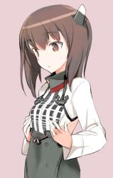 Rule 34 | 10s, 1girl, brown eyes, brown hair, commentary request, hair between eyes, headgear, kantai collection, lowres, shimada fumikane, short hair, simple background, solo, taihou (kancolle)